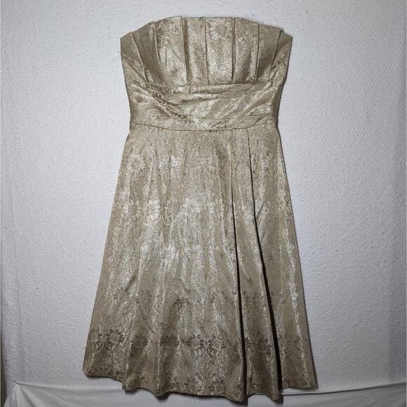 Priscilla Of Boston Dress Women Sz 12 Gold On Gold Semi-Formal Jacquard Pleated - Picture 5 of 15